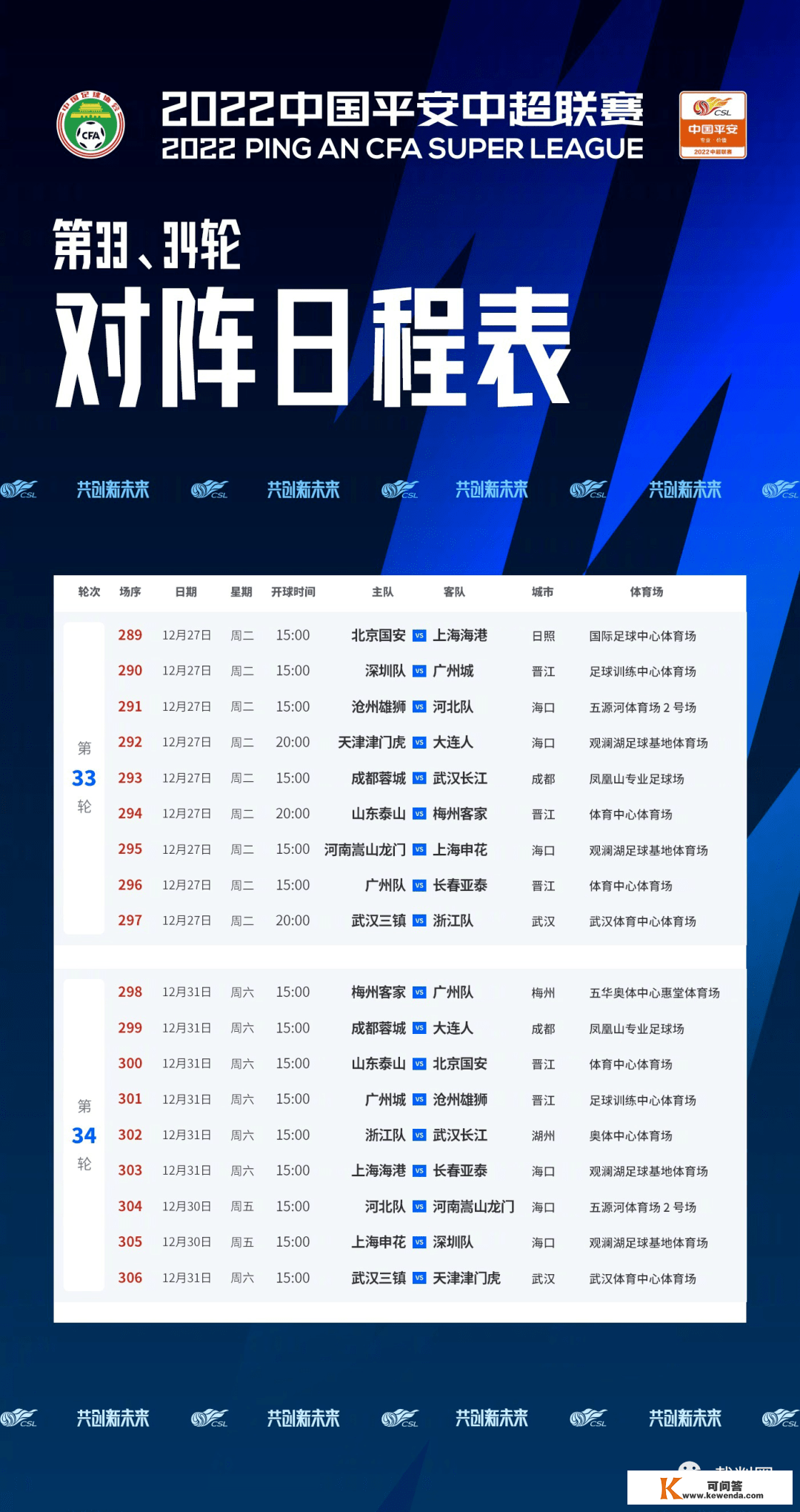 【中超】2022中超联赛赛程（第33、34轮）