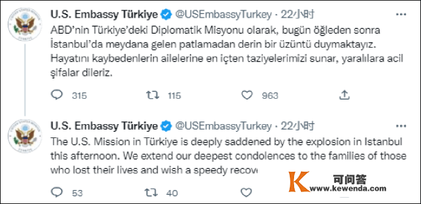 美大使馆对伊斯坦布尔爆炸案暗示吊唁，土耳其：不承受