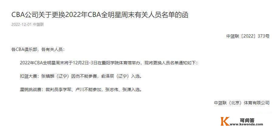 CBA官方颁布发表张镇麟退出全明星扣篮大赛！队友俞泽辰顶替参与