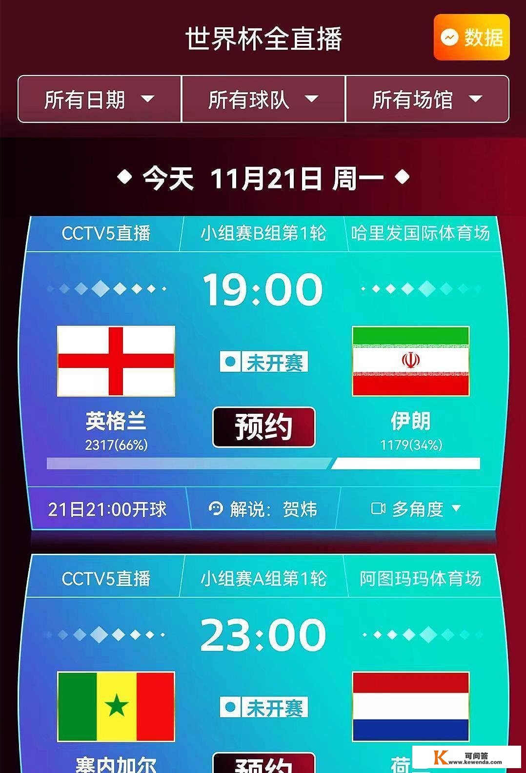 央视5套将曲播世界杯小组赛：英格兰VS伊朗、荷兰VS塞内加尔