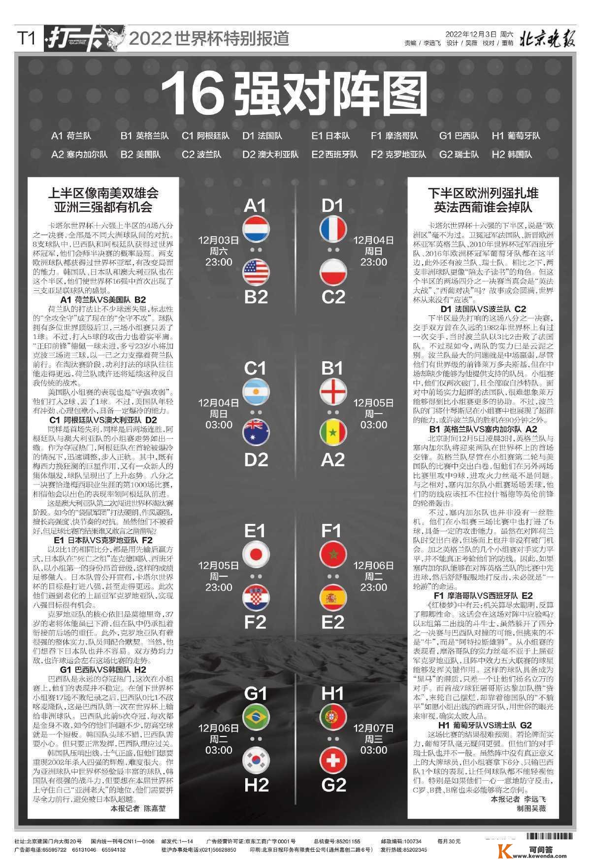 12月3日读报｜世界杯16强产生 详细赛程出炉