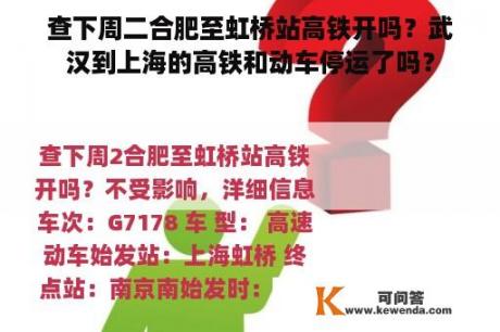 查下周二合肥至虹桥站高铁开吗？武汉到上海的高铁和动车停运了吗？