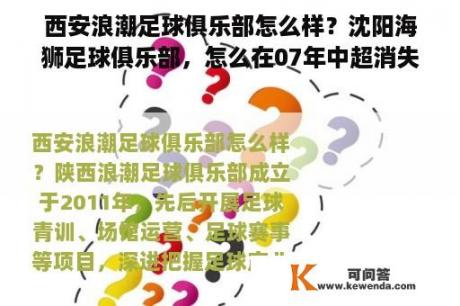 西安浪潮足球俱乐部怎么样？沈阳海狮足球俱乐部，怎么在07年中超消失了？